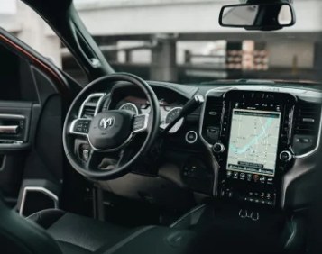 Truck interior with touchscreen
